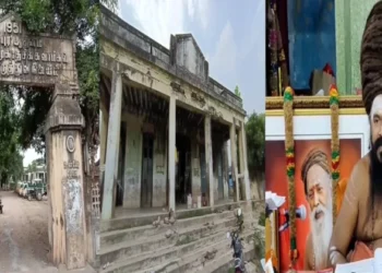 Mayiladuthurai maternity hospital, established in 1951 (Left), Sri Masilamani Desiga Gnanasambanda Swamigal (Right)