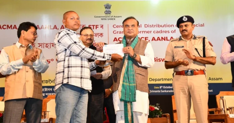 Assam Chief Minister Himanta Biswa Sarma , at ceremonial distribution of financial grants to 1181 former cadres of five Vanvasi Militant organisations