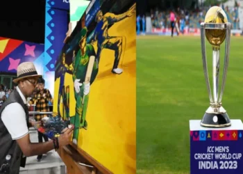 Renowned Indian painter, Paresh Maity painting on the Canvas (Left), ICC World Cup trophy (Right)