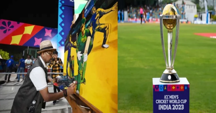 Renowned Indian painter, Paresh Maity painting on the Canvas (Left), ICC World Cup trophy (Right)