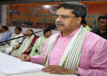 Tripura Chief Minister Manik Saha addressing a program at the Boxanagar Assembly Constituency