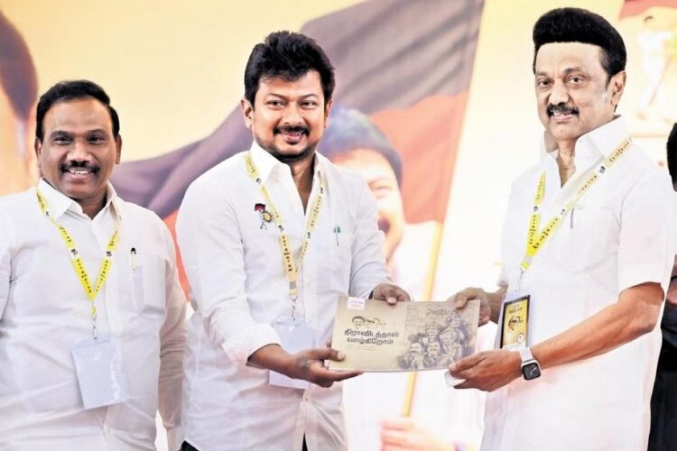 Tamil Nadu CM MK Stalin, DMK leader Udayanidhi Stalin with A Raja (Indian Express)