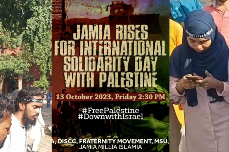 Poster of the event organised in Jamia Islamia in support of Hamas and students wearing badges (X)