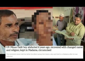 Virendra Kumar with his son (L, Dainik Bhaskar) and NCPCR Chairperson Priyank Kanoongo at the madrasa in Saharanpur (R, Organiser)