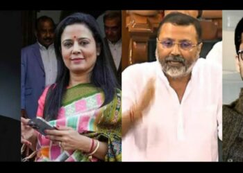 Businessman Darshan Hiranandani, TMC MP Mahua Moitra, BJP MP Nishikant Dubey and SC lawyer Jai Anant  Dehadrai (from left to right, X)