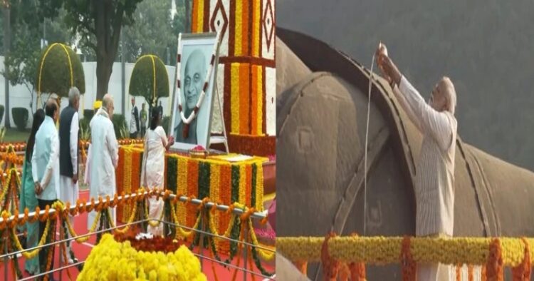 President Droupadi Murmu and other leaders pays floral tribute to Sardar Vallabhbhai Patel (Left), PM Modi pays tribute on the occasion of Sardar Vallabhbhai Patel's 148th birth anniversary (Right)