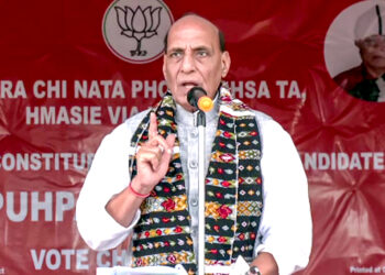 Defence Minister Rajnath Singh addresses a public meeting, at Tipa, Mizoram