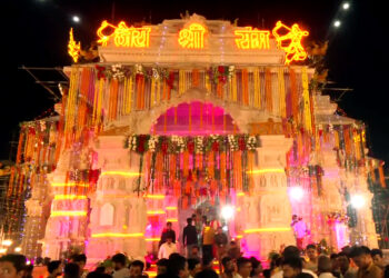 A view of the under-construction Ram Temple decorated for 'Deepotsav', in Ayodhya on November 11. (ANI Photo)