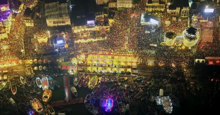 An aerial view of Kashi illuminated with the innumerable lamps for Dev Deepawali