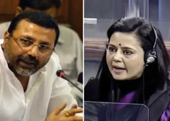 (Left) BJP MP Nishikant Dubey (Right) TMC MP Mahua Mitra