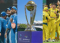 Left: Indian Cricket Team, Center: ICC Trophy, Right: Team Australia