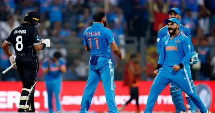 Virat Kohli along with Mohammad Shami celebrate India's win over New Zealand in CWC 2023
