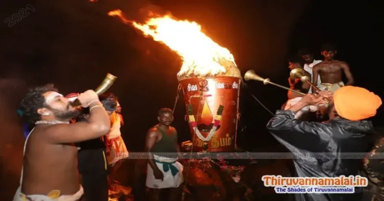 Lighting of the maha deepam atop the hill