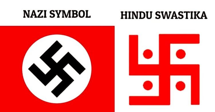 Left: Hakenkreuz (Nazi Germany), Right: Vedic Swastika