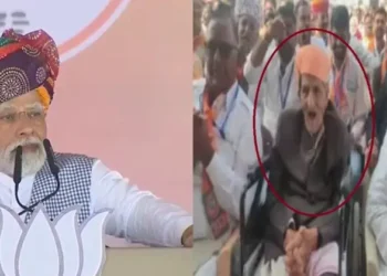 Prime Minister Narendra Modi gets emotional after recognising a 95-year-old BJP leader Dharam Chand Derasariya during an election rally