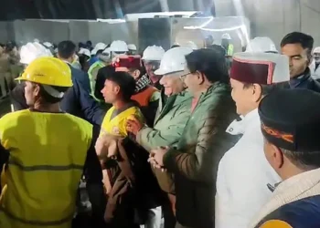 Uttarakhand CM Pushkar Singh Dhami meets the workers who were trapped inside the Silkyara tunnel