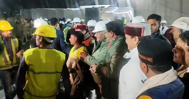 Uttarakhand CM Pushkar Singh Dhami meets the workers who were trapped inside the Silkyara tunnel