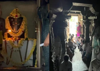 Shiva Linga at Rameshwara temple, Narasamangala (Left), Devotees at the Temple (Right)