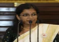 College student Anagha P, addressing the Parliament