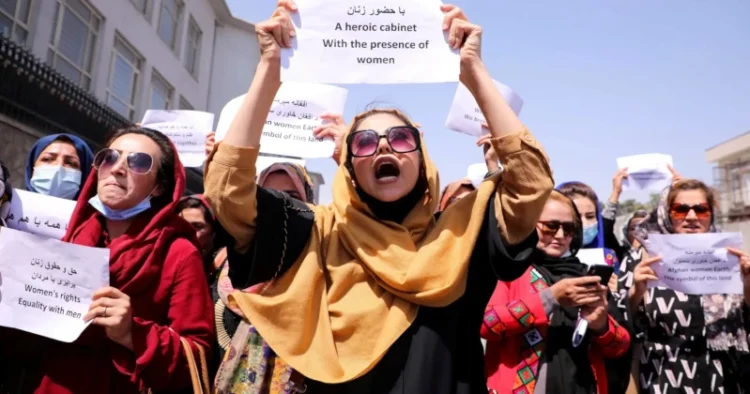 Afghan women protest to demand preservation of their achievements and education, in front of the presidential palace in Kabul (Source: Reuters)
