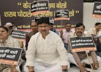 BJP workers at the protest in Rajghat, Delhi