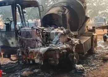 Wreckage of vehicles and machines, that were engaged in construction works, after Naxalites set them on fire, in Chhattisgarh’s Dantewada district (Source: PTI)