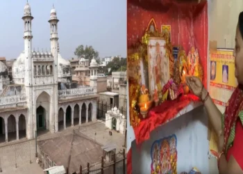 Gyanvapi Complex (Left), Petitioner on the Hindu side, Rekha Pathak offering prayers (Right)