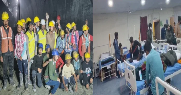 The workers inside Uttarkashi's Silkyara tunnel before they were rescued safely last night (Left), Workers sitting in the Hospital (Right)