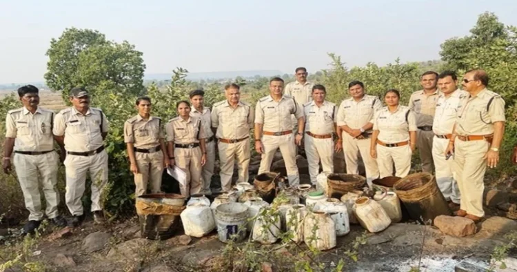 Excise team in Bhopal with recovered 634 litres of illicit liquor and 6055 kg of Lahan