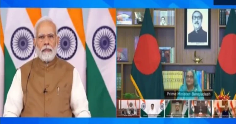Prime Minister Narendra Modi and Bangladeshi counterpart Sheikh Hasina, inaugurating developmental projects via video conferencing