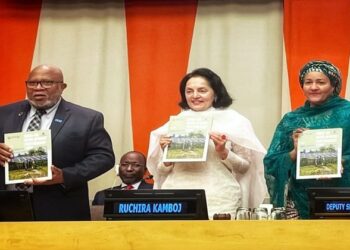 United Nations General Assembly President Dennis Francis, India's Permanent Representative to UN Ruchira Kamboj and UN Deputy Secretary General Amina J Mohammed