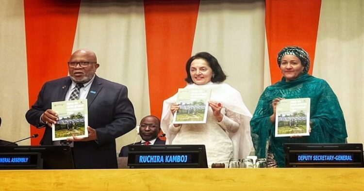 United Nations General Assembly President Dennis Francis, India's Permanent Representative to UN Ruchira Kamboj and UN Deputy Secretary General Amina J Mohammed