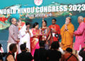 Mata Amritanandamayi, RSS Sarsanghchalak Dr Mohan Bhagwat, RSS Sarkaryavah Dattatreya Hosabale, Publisher  of Hinduism Today Satguru Bodhinatha and  Chairman of WHC Organising Committee Susheel Saraff inaugurating World Hindu Congress 2023 (From L to R)