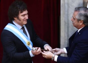 Libertarian Economist Javier Milei reeceiving President Baton of Argentina