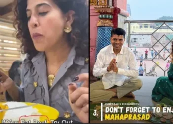 Social media influencer Kamiya Jani having beef (L) and Mahaprasad at Jagannath temple (R)