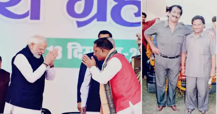 PM Modi with Chhattisgarh’s CM Vishnu Deo Sai-left, Sai with former union minister Dilip Singh Judev-right