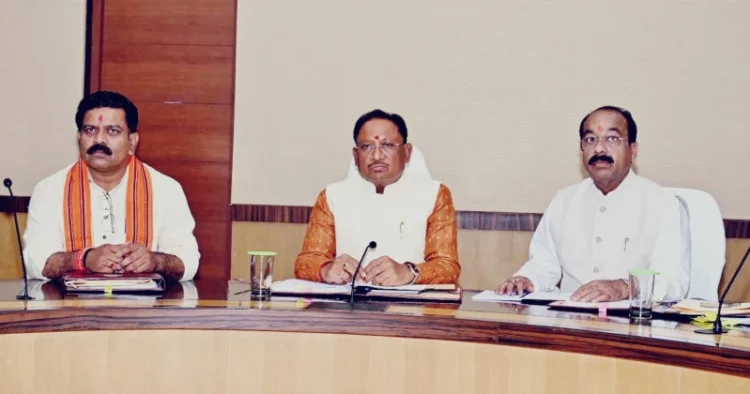 (Chhattisgarh CM Vishnu Deo Sai, along with his deputies during his first cabinet meet, Source: X)