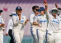 India Women's Deepti Sharma celebrates her five-wicket haul with teammates (Source: PTI)