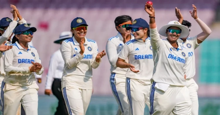 India Women's Deepti Sharma celebrates her five-wicket haul with teammates (Source: PTI)