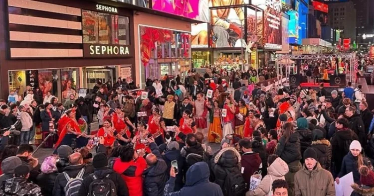 Indian-American community in New York dancing to the tunes of Garba at the Times Square, New York