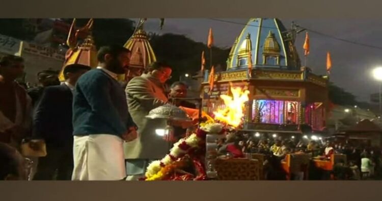 Uttarakhand CM Pushkar Singh Dhami performing Ganga aarti at Har Ki Pauri ghat