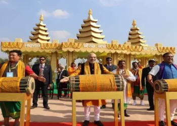 Union Home Minister Amit Shah (Centre) along with Assam CMHimanta Biswa Sarma (Extreme Right) take part in celebrations post Bathou Puja