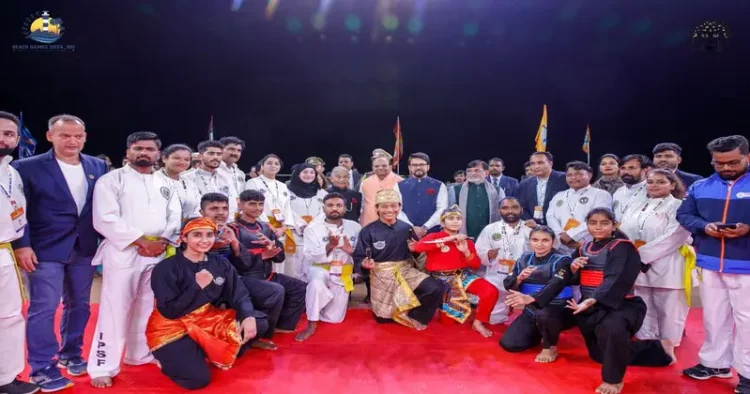 Union Minister for Youth Affairs & Sports Anurag Thakur with the participants of the Diu Beach Games 2024
