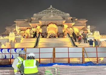 A glimpse of the illuminated Ram Janmabhoomi Temple as preparations are underway ahead of the pran prathistha of Ayodhya's Ram Mandir.