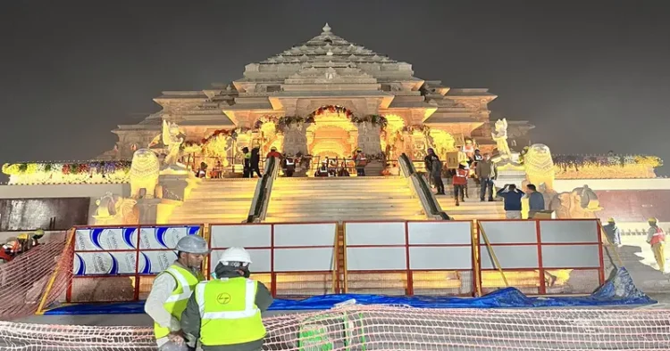 A glimpse of the illuminated Ram Janmabhoomi Temple as preparations are underway ahead of the pran prathistha of Ayodhya's Ram Mandir.
