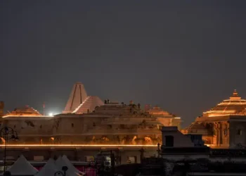 An illuminated Ayodhya Ram Mandir premises