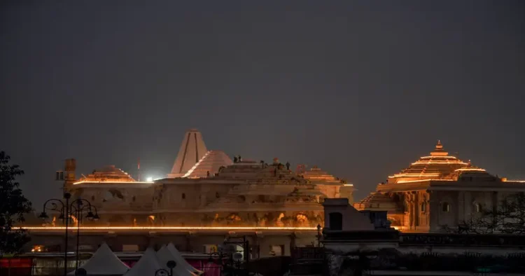 An illuminated Ayodhya Ram Mandir premises