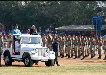 Hon'ble Governor of Kerala Arif Mohammed Khan inspecting the Guard of Honour at the RepublicDay Parade  held at Central Stadium, Thiruvananthapuram