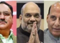 (Left) BJP National President JP Nadda (Centre) Home Minister Amit Shah (Right) Defence Minister Rajnath Singh