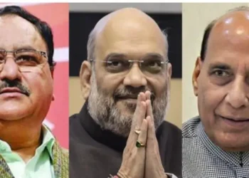 (Left) BJP National President JP Nadda (Centre) Home Minister Amit Shah (Right) Defence Minister Rajnath Singh